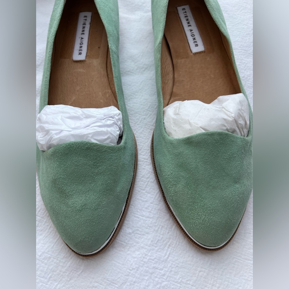 Etienne Aigner Cap Toe Suede Slip On Ballet Loafer in Green Suede Size 8.5 New